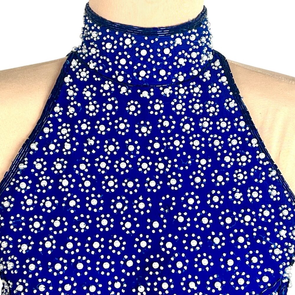 VTG 90s Ibiza Silk Hand Beaded Halter Neck Column Gown S Maxi Dress Royal Blue - Picture 3 of 12